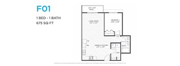 A floor plan for a 1 bedroom, 1 bathroom apartment sized at 675 square feet.