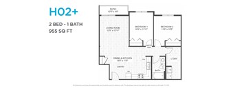 A floor plan for a 2 bedroom, 1 bathroom apartment of 955 square feet.