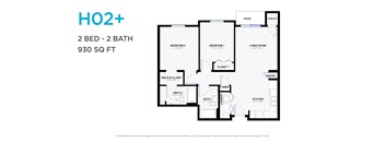A floor plan for a 2 bedroom, 2 bathroom apartment sized at 930 square feet.