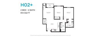 A floor plan for a 2 bedroom, 2 bathroom apartment sized at 914 square feet.