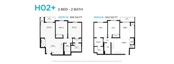 A floor plan for a 2 bedroom, 2 bathroom apartment with two different layouts, one with 895 square feet and the other with 942 square feet.