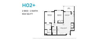 A floor plan for a 2 bedroom, 2 bathroom apartment sized at 934 square feet.