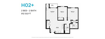 A floor plan for a 2 bedroom, 2 bathroom apartment sized at 912 square feet.