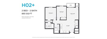 A floor plan for a 2 bedroom, 2 bathroom apartment sized at 893 square feet.