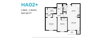A floor plan for a 2 bedroom, 2 bathroom apartment sized at 924 square feet.