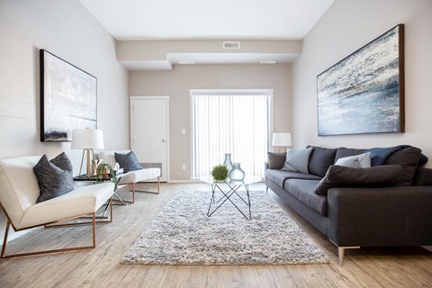 A modern living room with a large rug in the center.