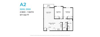A floor plan for a 2 bedroom, 1 bathroom apartment.