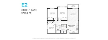 A floor plan for a 3 bedroom, 1 bathroom apartment sized at 971 square feet.