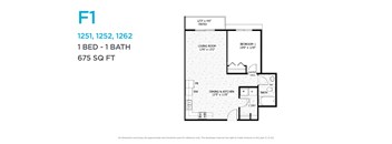 A floor plan for a one bedroom, one bathroom apartment sized at 675 square feet.