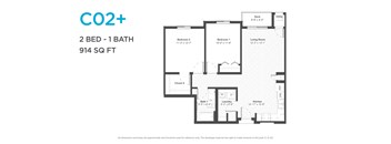 A floor plan for a CO2+ apartment with two bedrooms and one bathroom.
