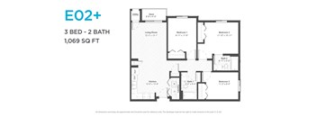 A floor plan for a 3 bedroom, 2 bathroom apartment sized at 1,069 square feet.