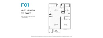A floor plan for a 1 bedroom, 1 bathroom apartment sized at 657 square feet.
