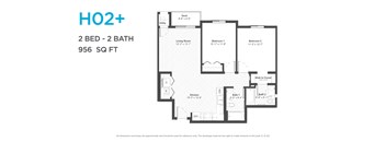 A floor plan for a 2 bedroom, 2 bathroom apartment sized at 956 square feet.