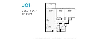 A floor plan of a 2 bedroom, 1 bathroom apartment is shown.