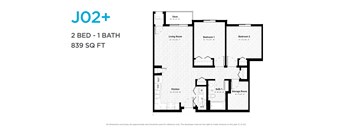 A floor plan for a 2 bedroom, 1 bathroom apartment that is 839 square feet.