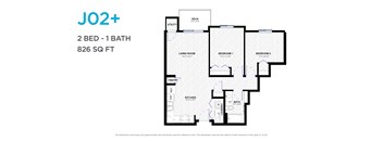 A floor plan for a 2 bedroom, 1 bathroom apartment that is 826 square feet.
