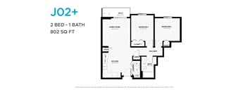 A floor plan for a JO2+ apartment with two bedrooms and one bathroom.