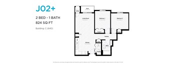 A floor plan for an apartment with two bedrooms and one bathroom.824 square feet