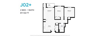 A floor plan for a 2 bedroom, 1 bathroom apartment that is 811 square feet.