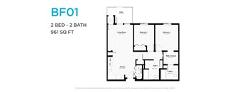 A floor plan for a 2 bedroom, 2 bathroom apartment sized at 961 square feet.