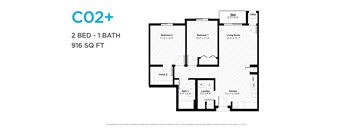 A floor plan for a CO2+ apartment with two bedrooms and one bathroom.