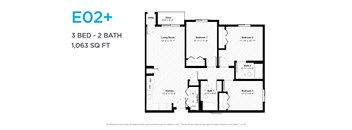 A floor plan for a 3 bedroom, 2 bathroom apartment sized at 1,063 square feet.