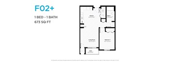 A floor plan for a one bedroom, one bathroom apartment that is 673 square feet.