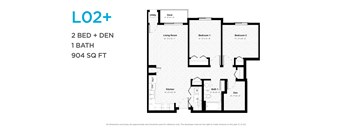 A floor plan for a 2 bedroom, 1 bathroom apartment sized at 904 square feet.