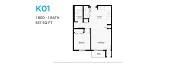 A floor plan of a one bedroom apartment with a bathroom.