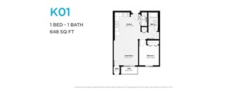 A floor plan for a 1 bedroom, 1 bathroom apartment that is 648 square feet.