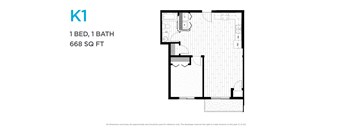 A floor plan of a one bedroom, one bathroom apartment sized at 668 square feet.