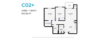 A floor plan for a CO2+ apartment with two bedrooms and one bathroom.
