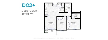 A floor plan for a 2 bedroom, 2 bathroom apartment sized at 970 square feet.