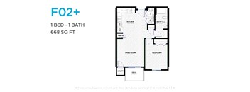 A floor plan for a 1 bedroom, 1 bathroom apartment sized at 668 square feet.