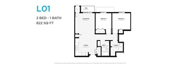 A floor plan of a 2 bedroom, 1 bathroom apartment sized at 822 square feet.