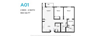 A floor plan for a 2 bedroom, 2 bathroom apartment sized at 965 square feet.
