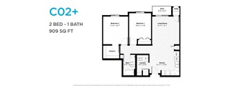 A floor plan for a CO2+ apartment with two bedrooms and one bathroom.