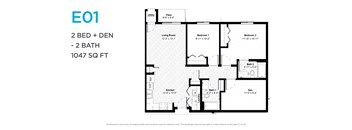 A floor plan for a 2 bedroom, 2 bathroom apartment sized at 1047 square feet.
