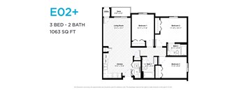 A floor plan for a 3 bedroom, 2 bathroom apartment sized at 1063 square feet.