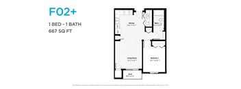 A floor plan for a 1 bedroom, 1 bathroom apartment that is 667 square feet.