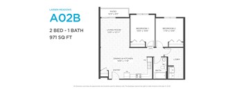 A floor plan for a 2 bedroom, 1 bathroom apartment of 971 square feet.