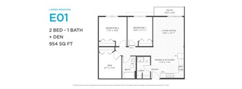 A floor plan for a Larson Meadows E01 property, which is 954 square feet and includes two bedrooms, one bathroom, and a den.