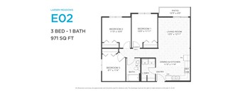 A floor plan for a 3 bedroom, 1 bathroom apartment at Larsen Meadows.