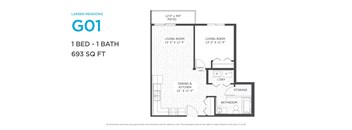 A floor plan for a one bedroom apartment at Larsen Meadows.