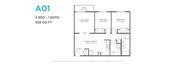A floor plan for a 2 bedroom, 1 bathroom apartment.