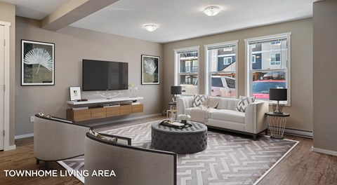 A living room with a grey sofa and a television.