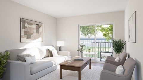 A living room with a white couch, a wooden table, and a painting on the wall.