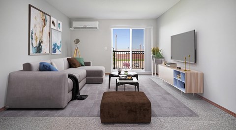 A living room with a sectional, coffee table, tv and stand. sliding glass door