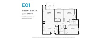 A floor plan for a 3 bedroom, 2 bathroom apartment sized at 1,051 square feet.