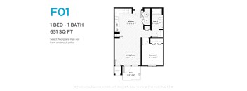 A floor plan for a 1 bedroom, 1 bathroom apartment sized at 651 square feet.